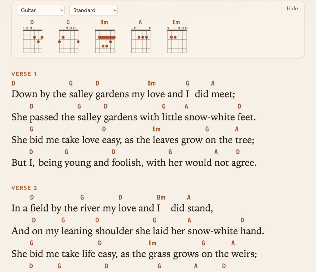 A song in Palimpsest: guitar chord diagrams, and the words with their chords above them.